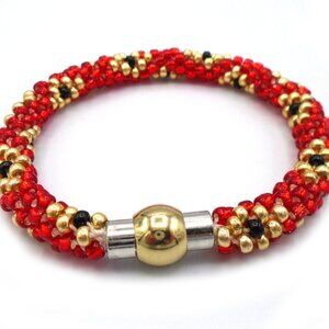 KUMIHIMO Beaded Bracelet RED BLACK GOLD Flower Design Woven Bracelet Handmade